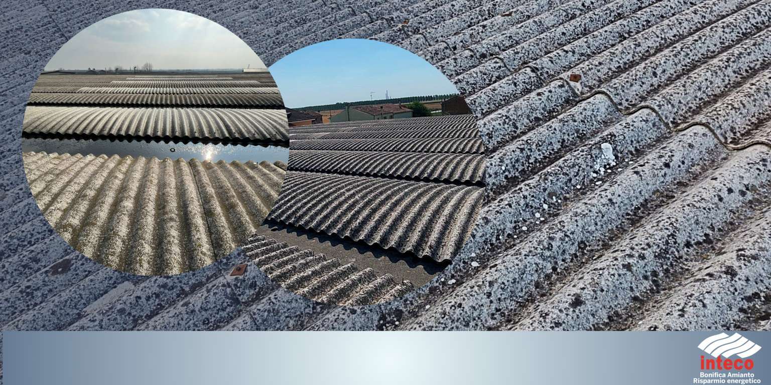 Tetto industriale in cemento-amianto deteriorato